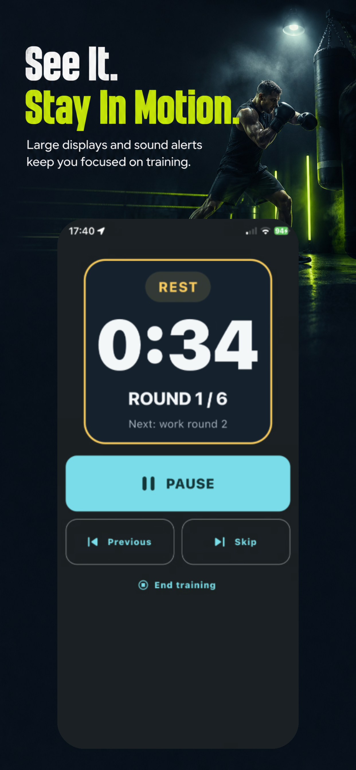 Bellstride showing time remaining and round number