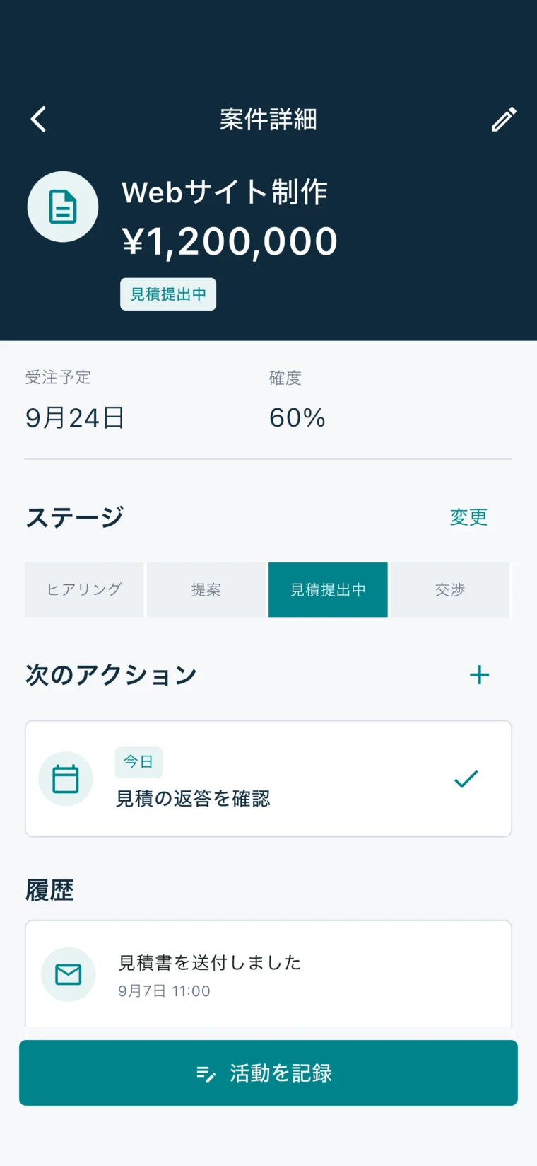 案件詳細画面。金額、受注予定日、受注確度、ステージ、次のアクションを表示。