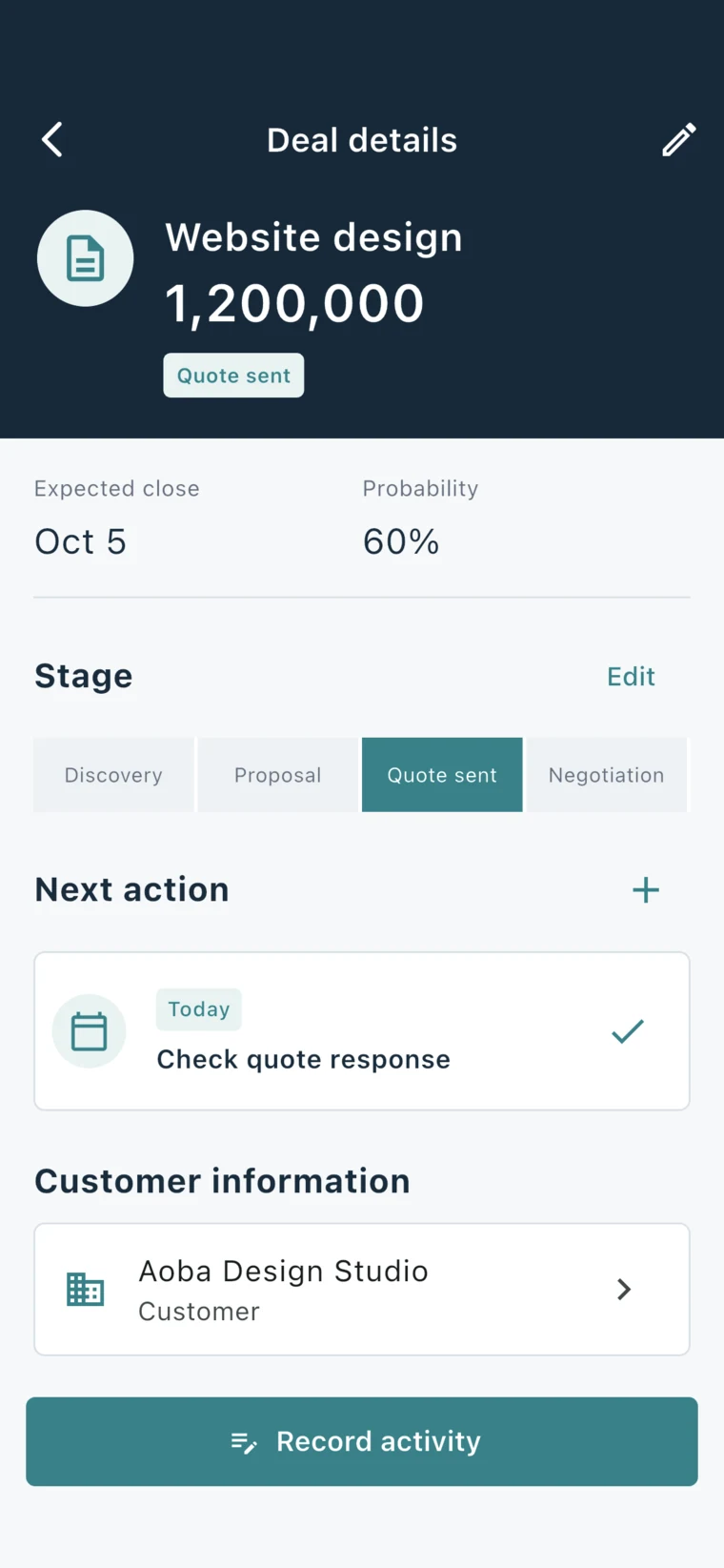 Deal detail screen with amount, expected close date, win probability, stage, and next action