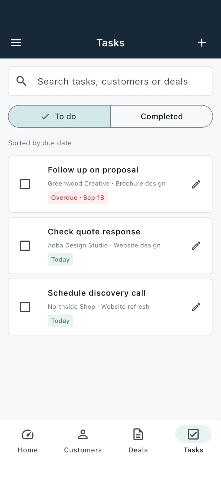 Task list with customer follow-ups and due dates