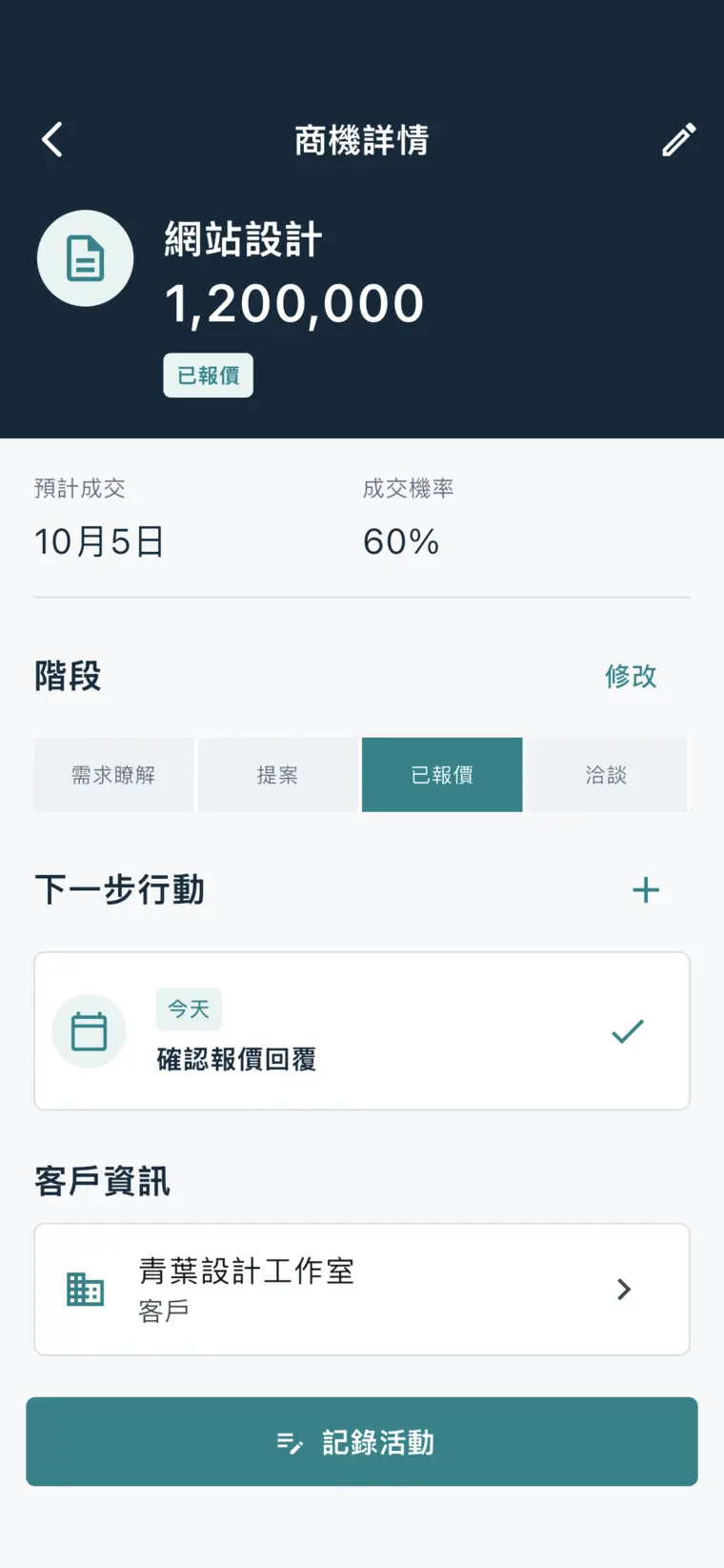 商機詳情頁顯示金額、預計成交日、成交機率、階段和下一步行動