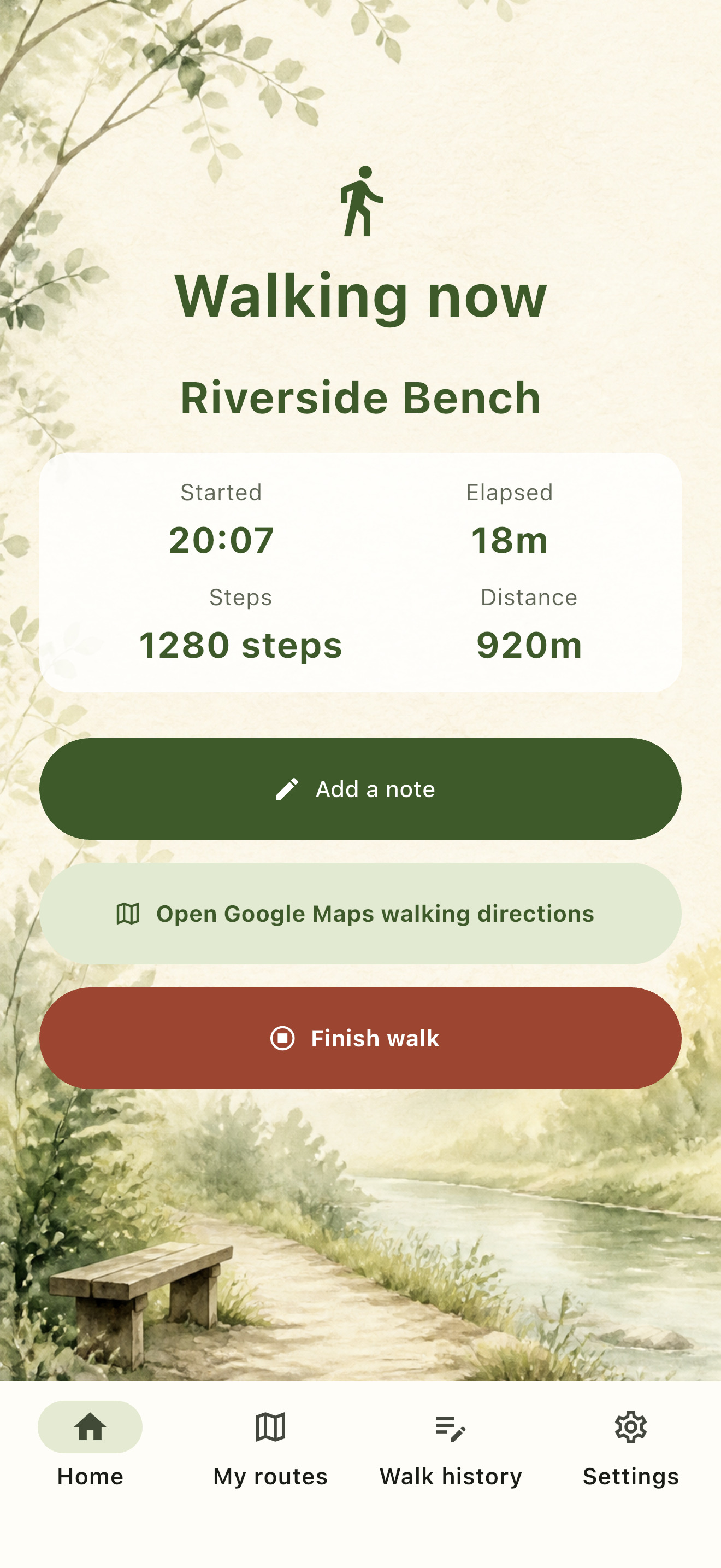 KICHIMICHI screen showing steps, distance, and elapsed time during a walk