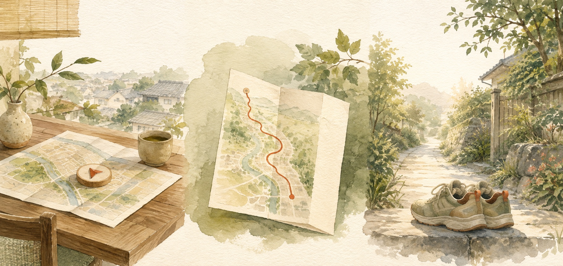 地図を広げて散歩の準備をする場面から、保存した道を歩き始めるまでを描いた水彩イラスト