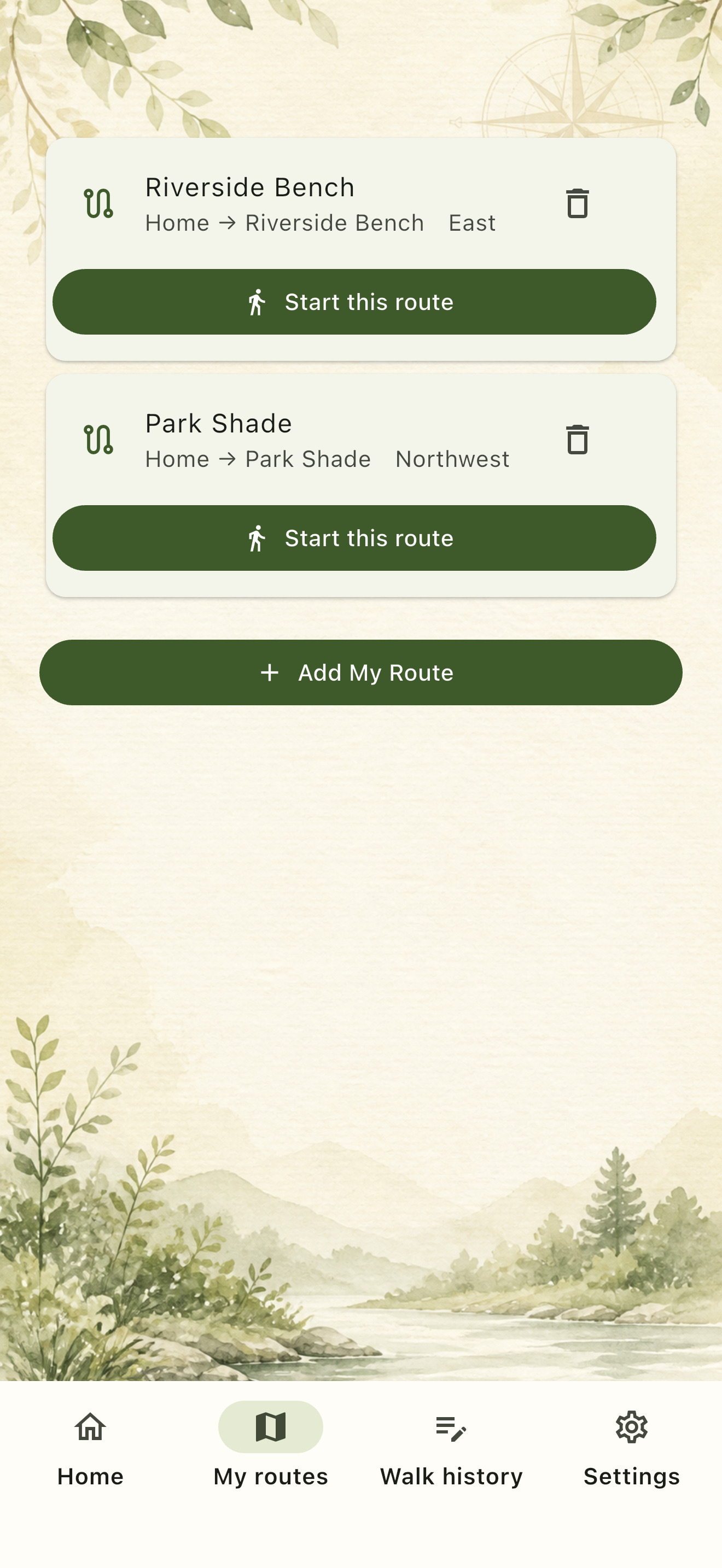 KICHIMICHI screen showing a list of saved My Routes