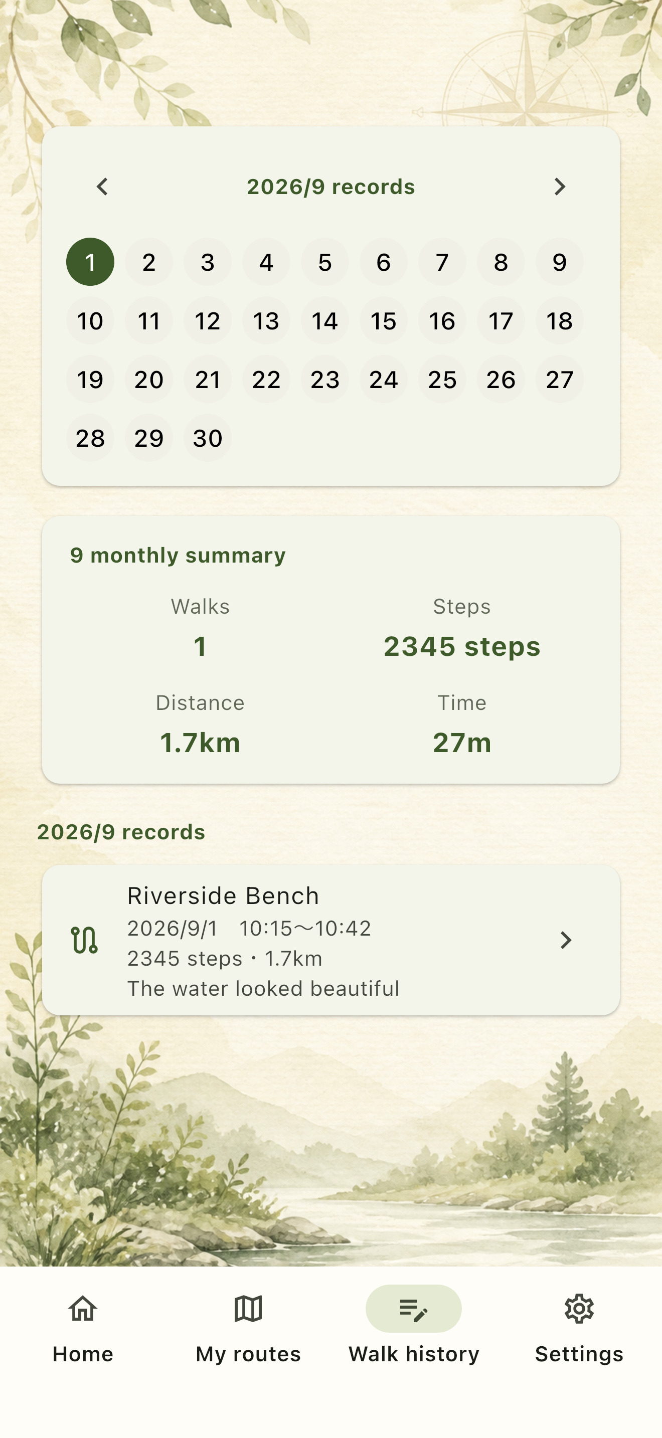 KICHIMICHI screen showing past walk records in a list