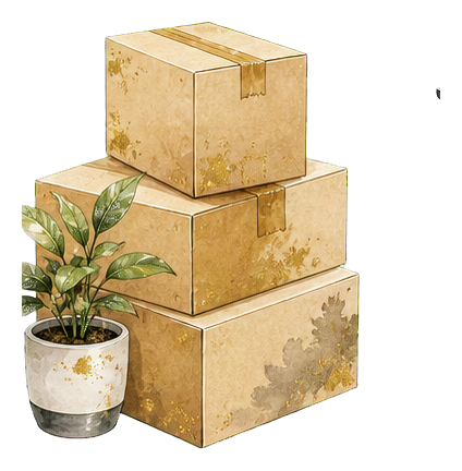 Moving boxes and a potted plant