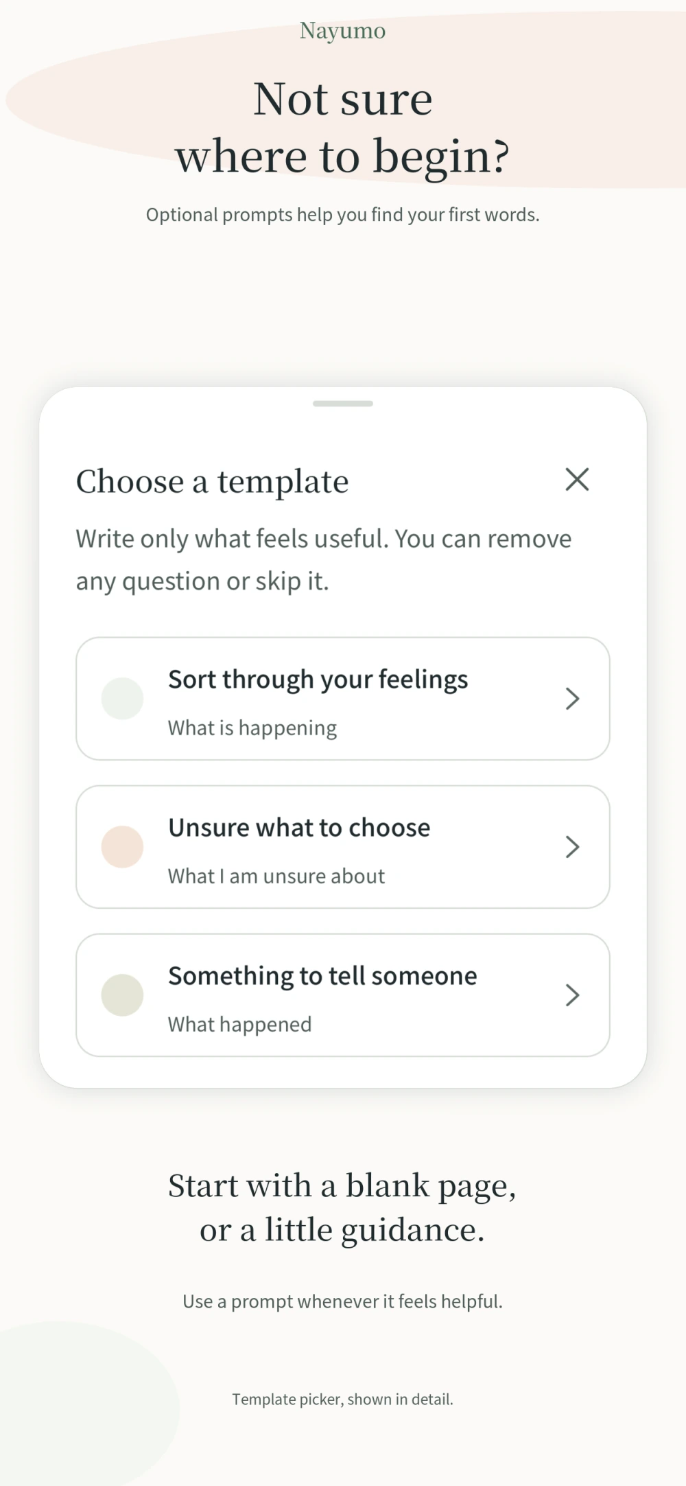 The English template picker: sort through your feelings, weigh a choice, or find words for someone.