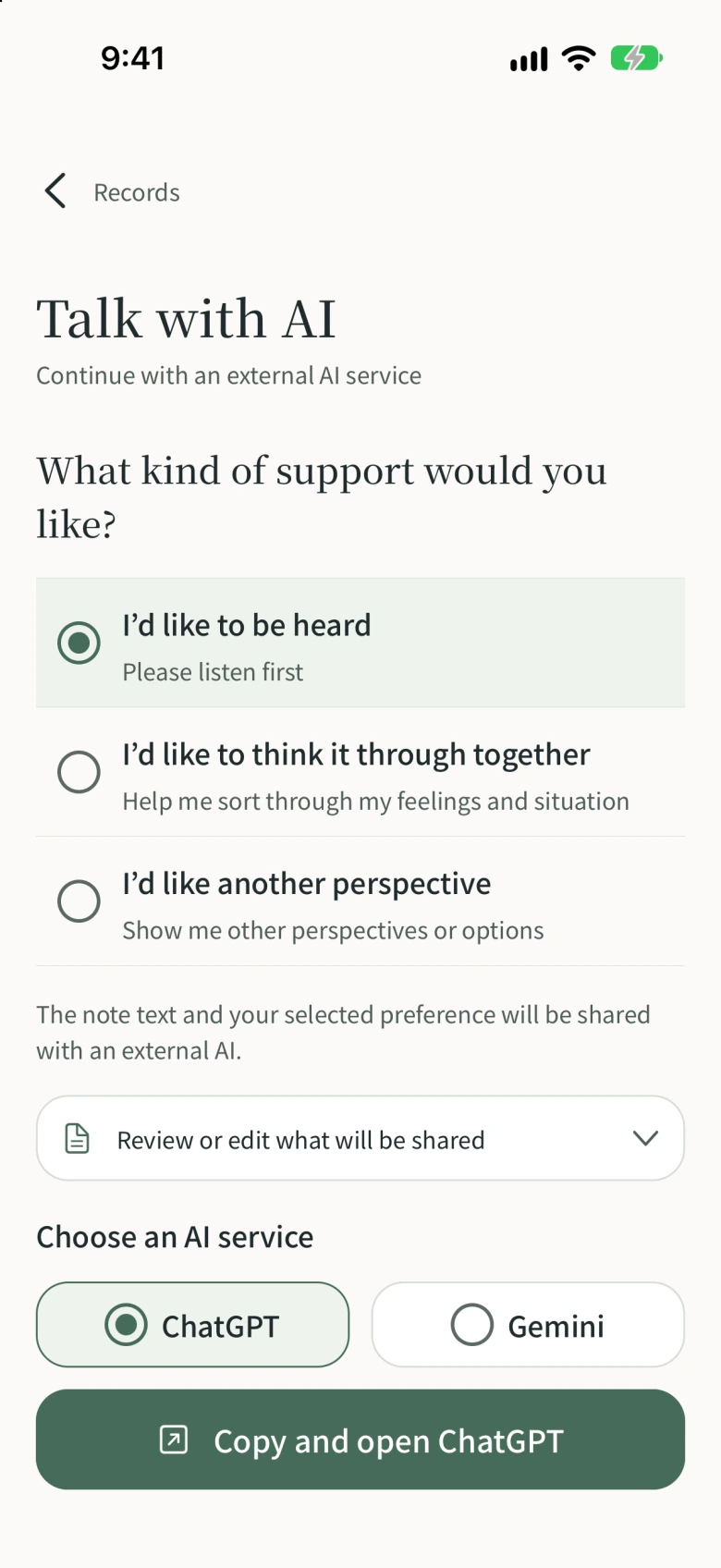 The Talk with AI screen: choose the kind of support, preview a message, and copy it for an external AI.