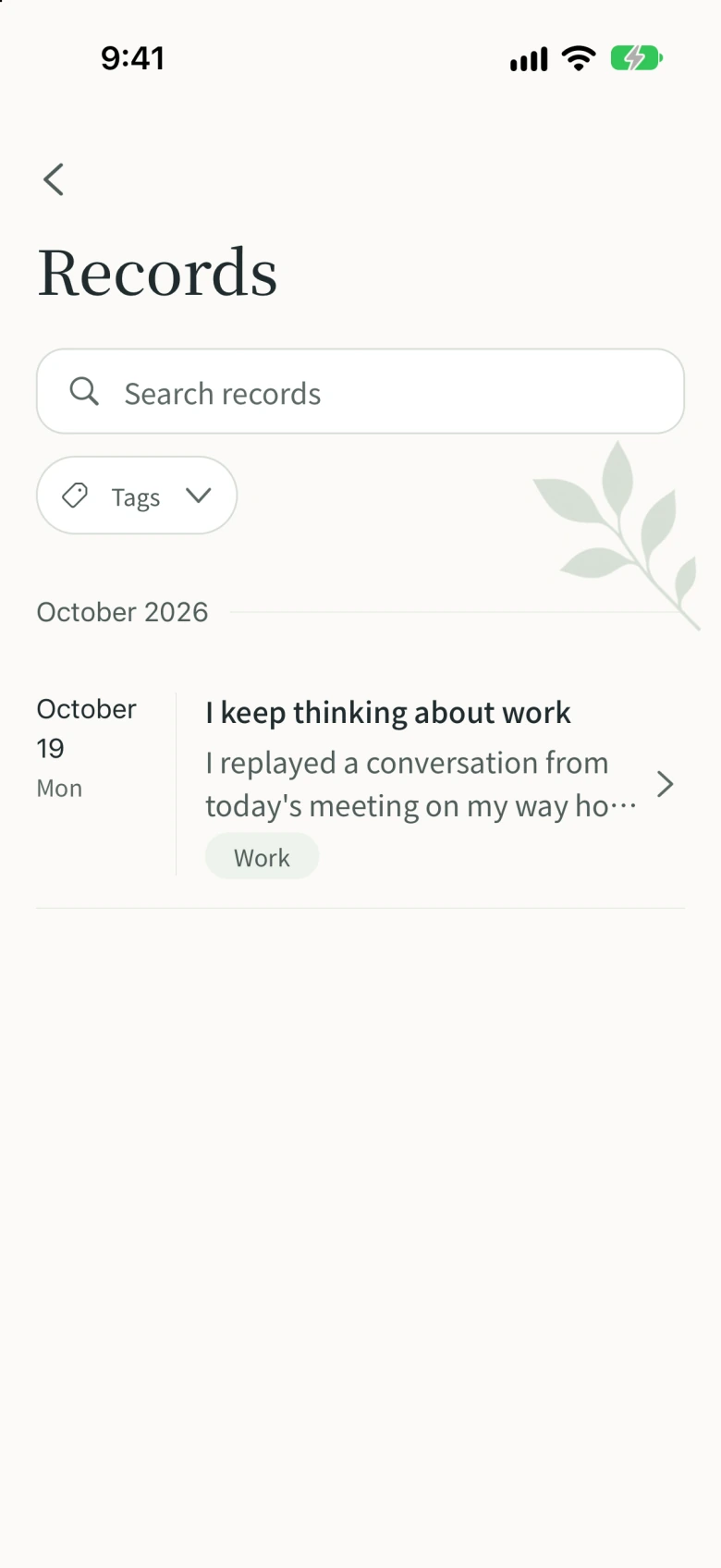 Saved records with a search field, a tag filter, and an example note tagged Work.