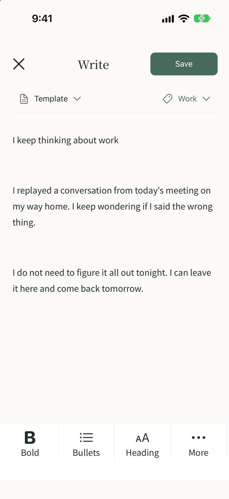 An English note about a worry at work, ready to save without finding an answer.