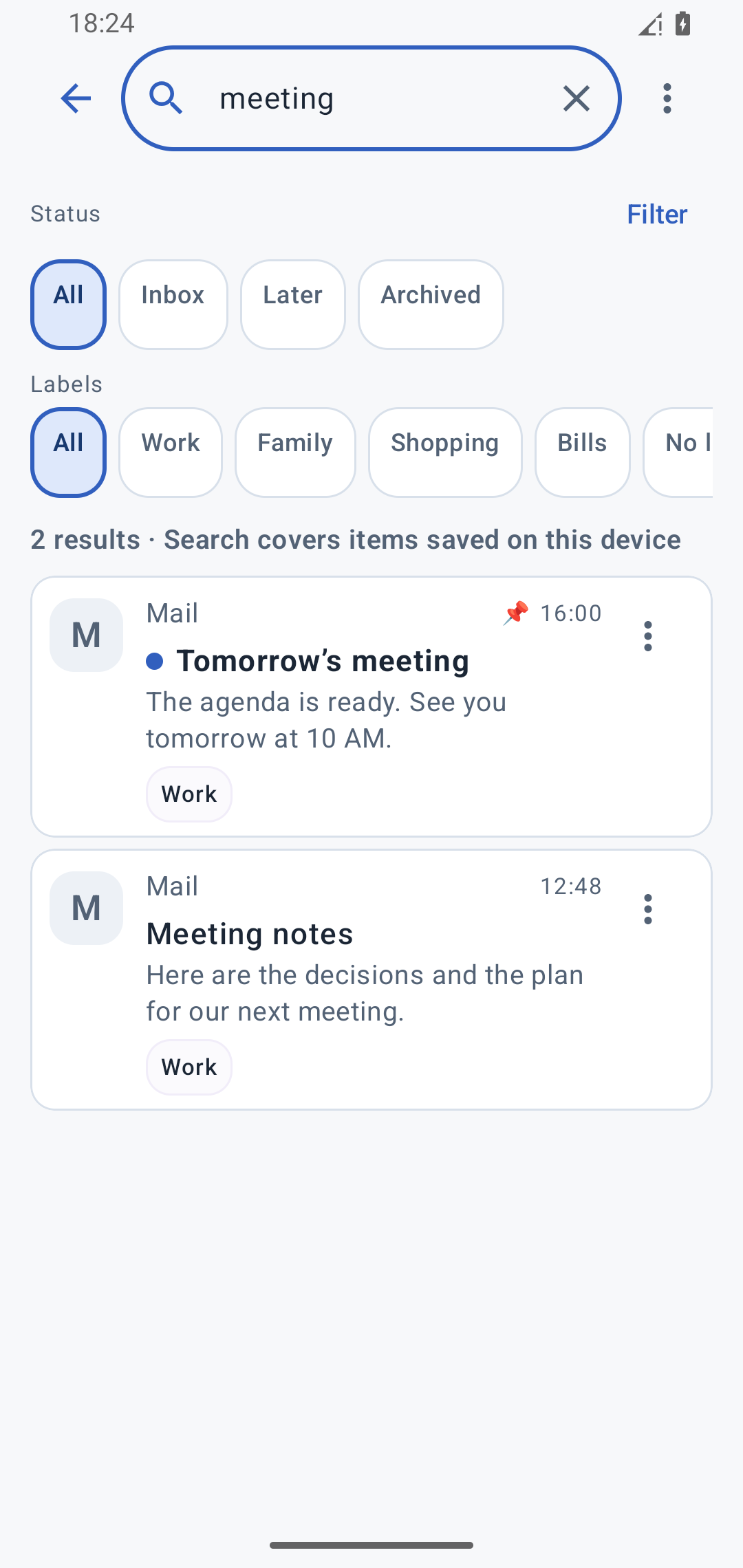 Searching for meeting finds two saved notifications: tomorrow’s meeting and meeting notes