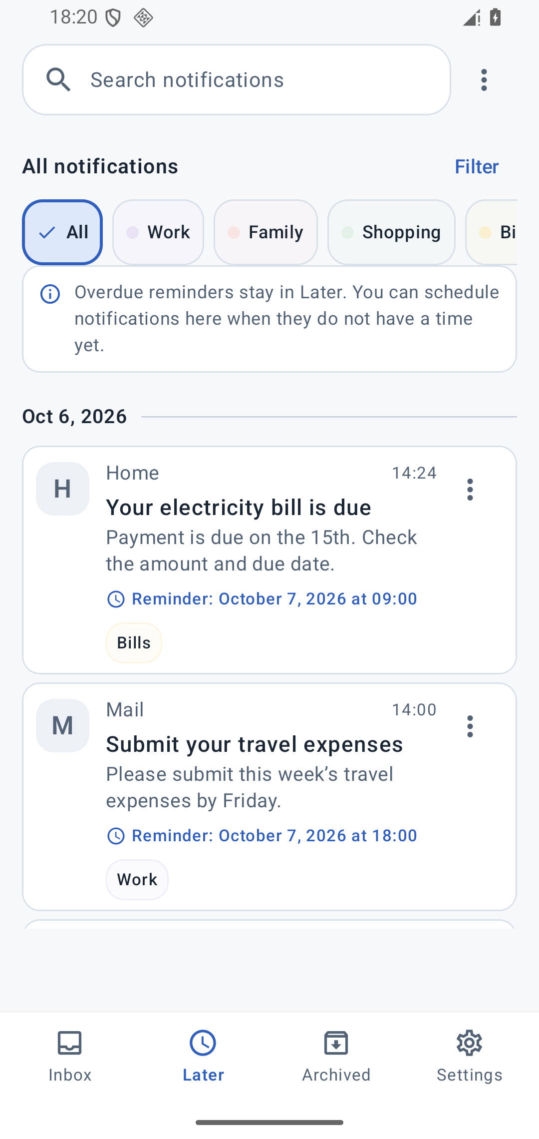 The complete Later screen, with an electricity bill notification scheduled for a reminder at 9 AM the following morning