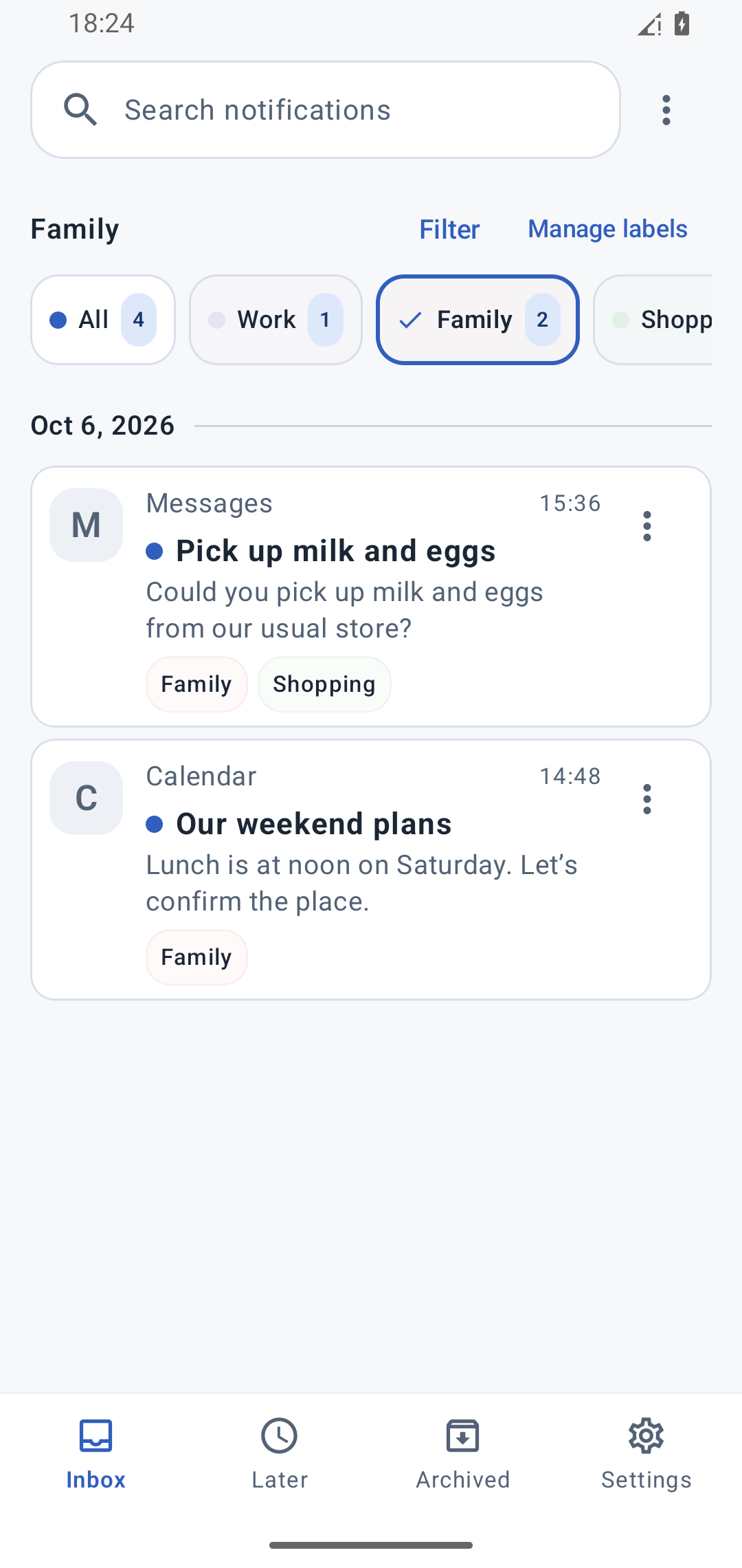 The Family label selected, showing a request to pick up milk and eggs and a notification about weekend plans