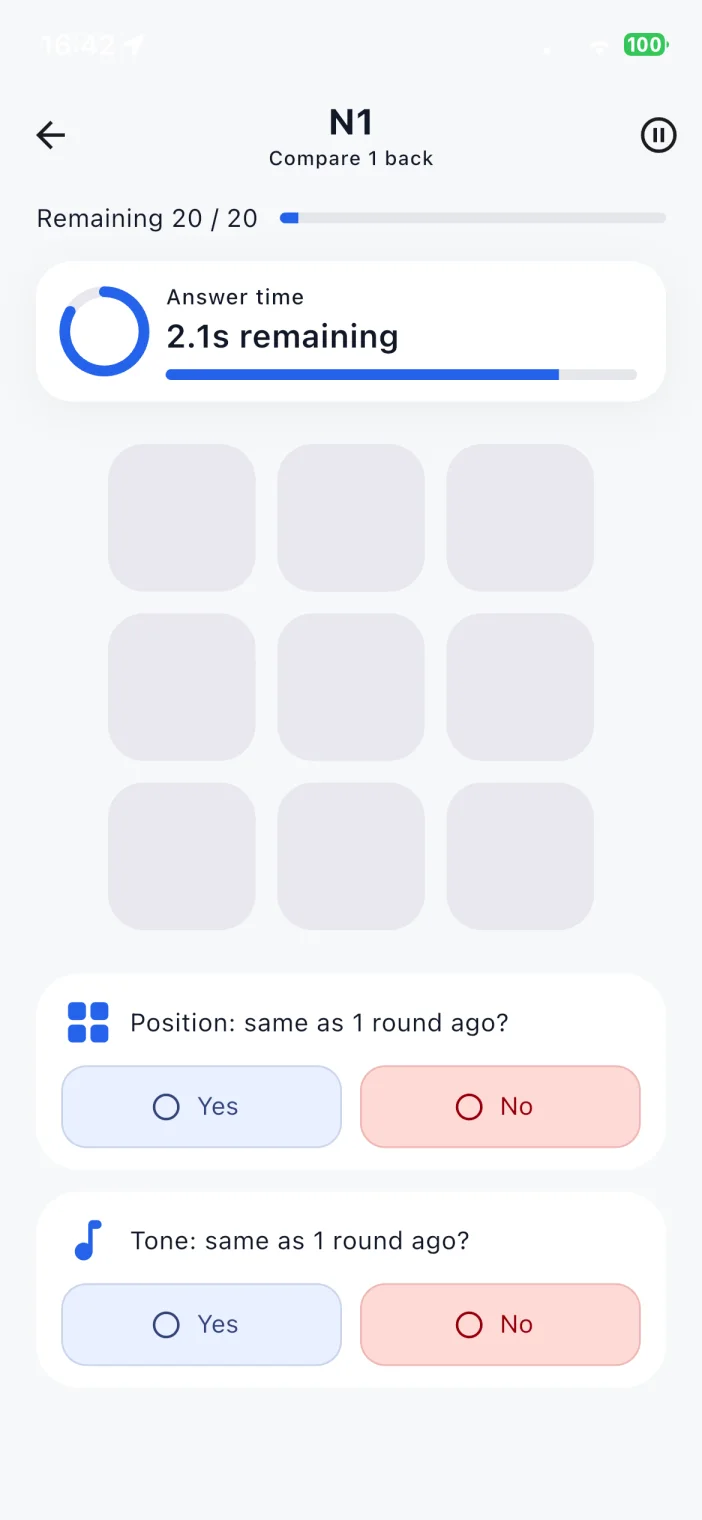 RecallBloom Dual N-Back screen asking whether position and tone match one round earlier