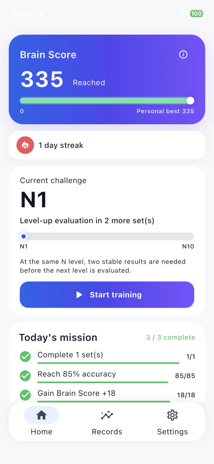 RecallBloom home screen showing Brain Score, current challenge, and today's mission