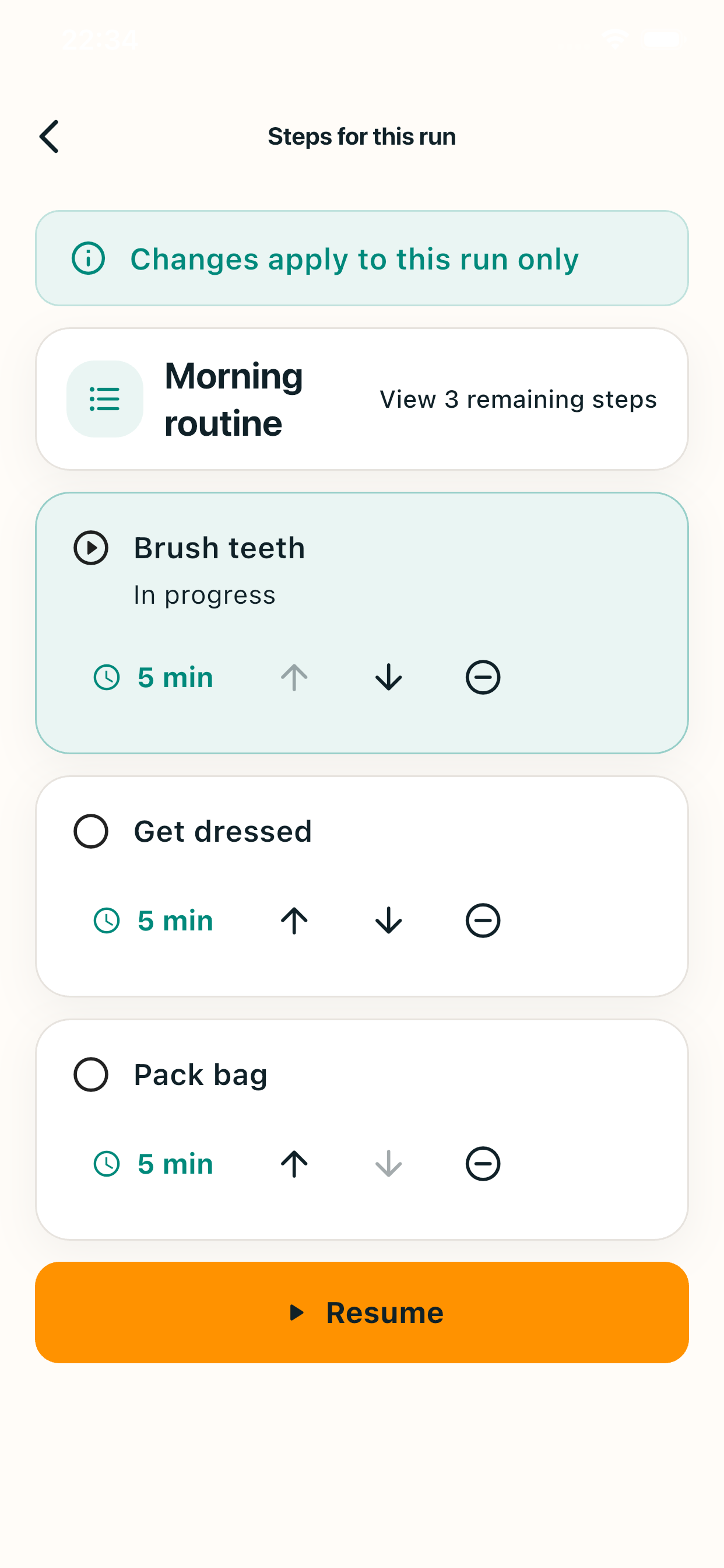 Rilmio screen for adjusting unstarted steps during a run