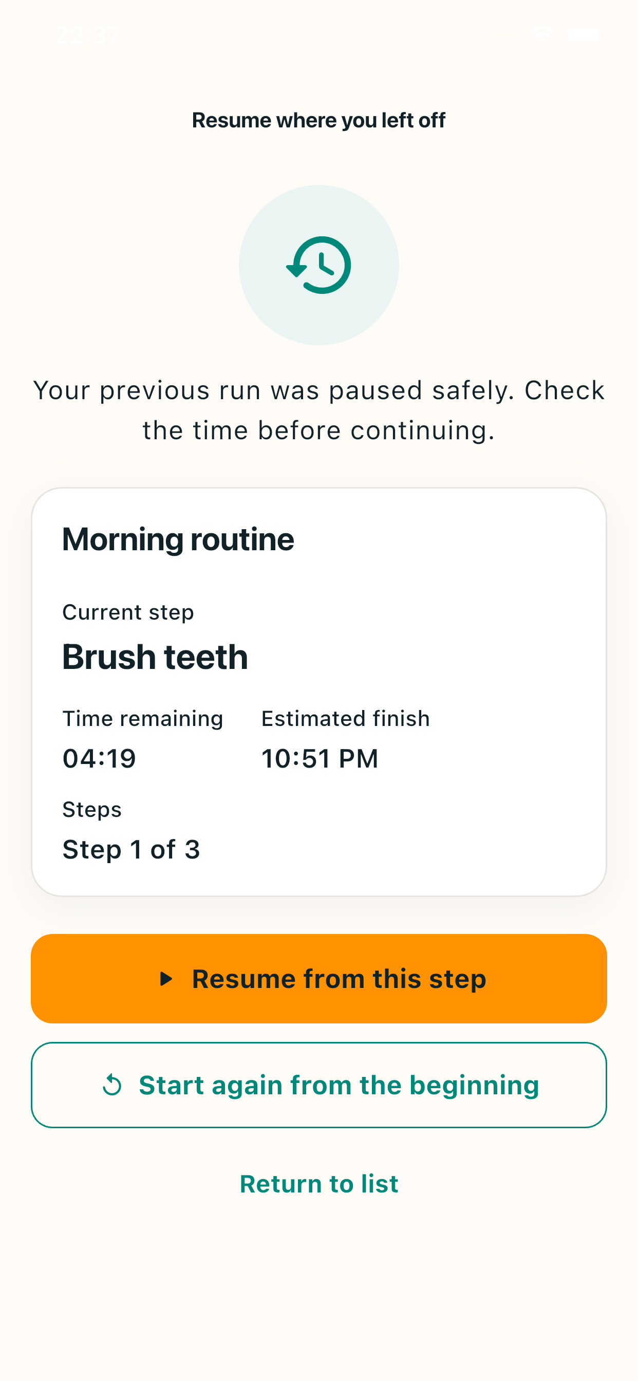 Rilmio resume screen for an in-progress routine