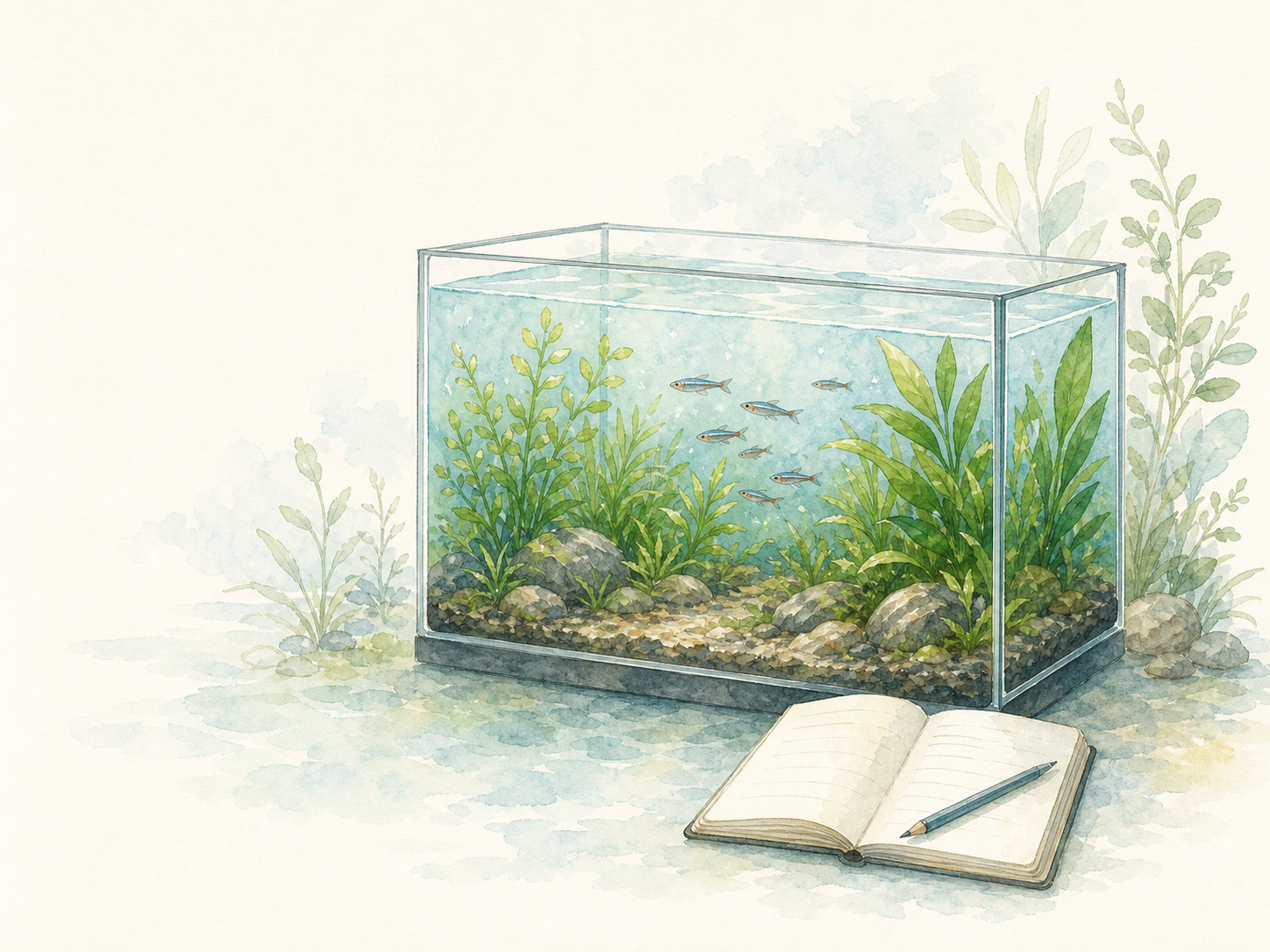 水草と魚がいる淡水水槽とノート