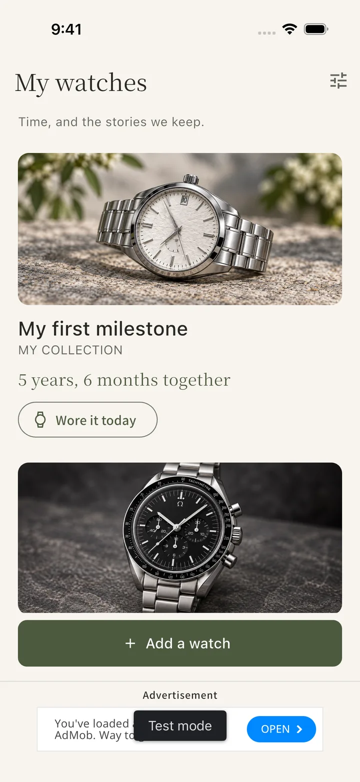 Tokilea's My Watches screen showing watch photos, names and time together