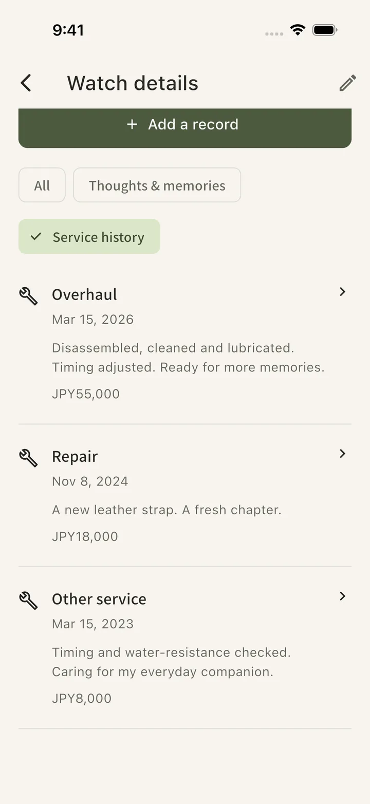 Tokilea service history screen listing overhaul and repair dates, work and costs