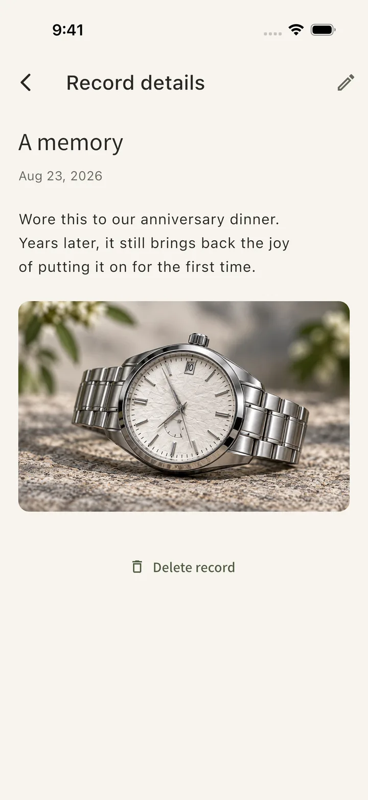 Tokilea memory entry screen with a dated note and watch photo