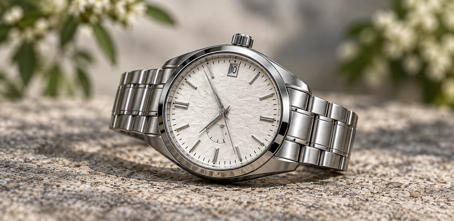An ivory-dial wristwatch resting in soft natural light