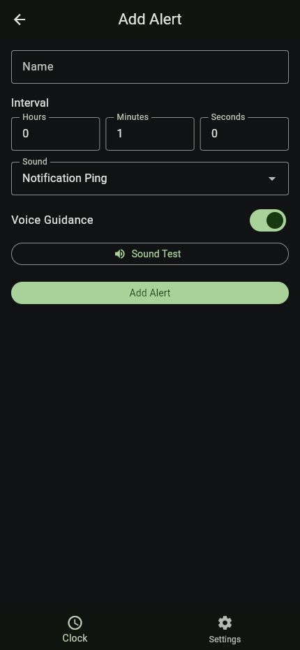 Trader Timer Add Alert screen in English with interval, sound, and voice guidance controls.
