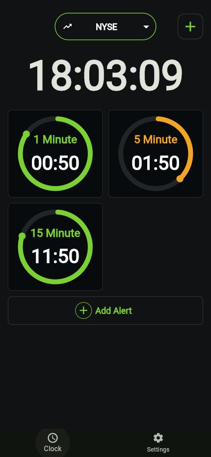 Trader Timer Clock screen in English with NYSE and 1 Minute, 5 Minute, and 15 Minute timers.