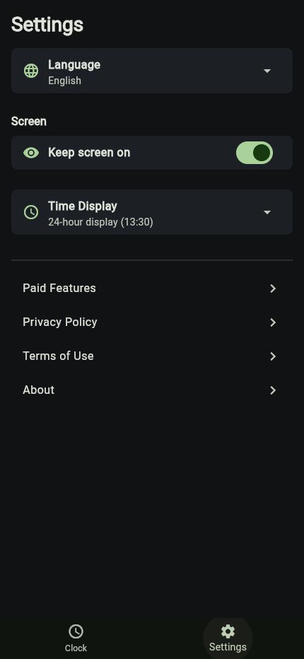 Trader Timer Settings screen in English with language, keep screen on, and time display controls.
