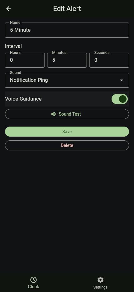 Trader Timer Edit Alert screen in English with Voice Guidance enabled for a 5 Minute alert.