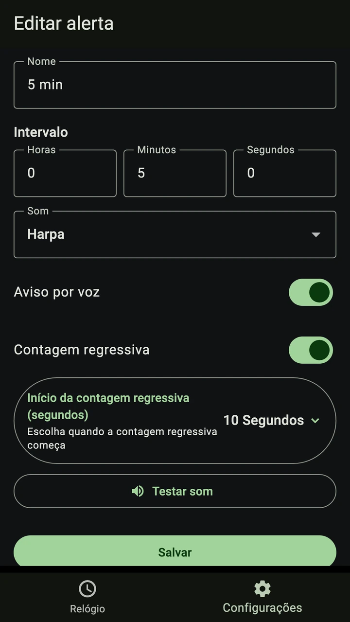 Tela de intervalos do Trader Timer em português, com configurações de horas, minutos e segundos.