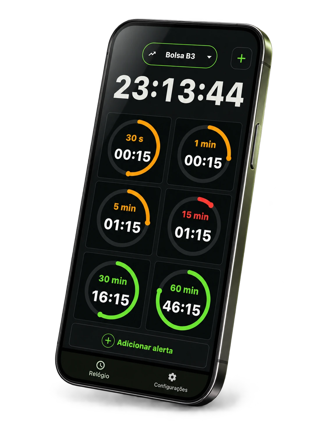 Smartphone mostrando o Trader Timer em português, com seis timers de contagem regressiva no perfil Bolsa B3.